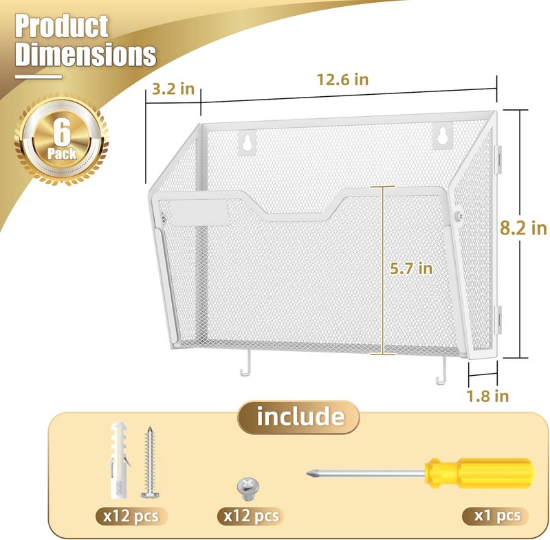 Docnest 6 Pack Hanging Wall File Holders, Mesh Wall Letter File Holder, Wall Mounted Mail Paper Document Folder Holder with Hooks for Office, Home, School, White - Image 2